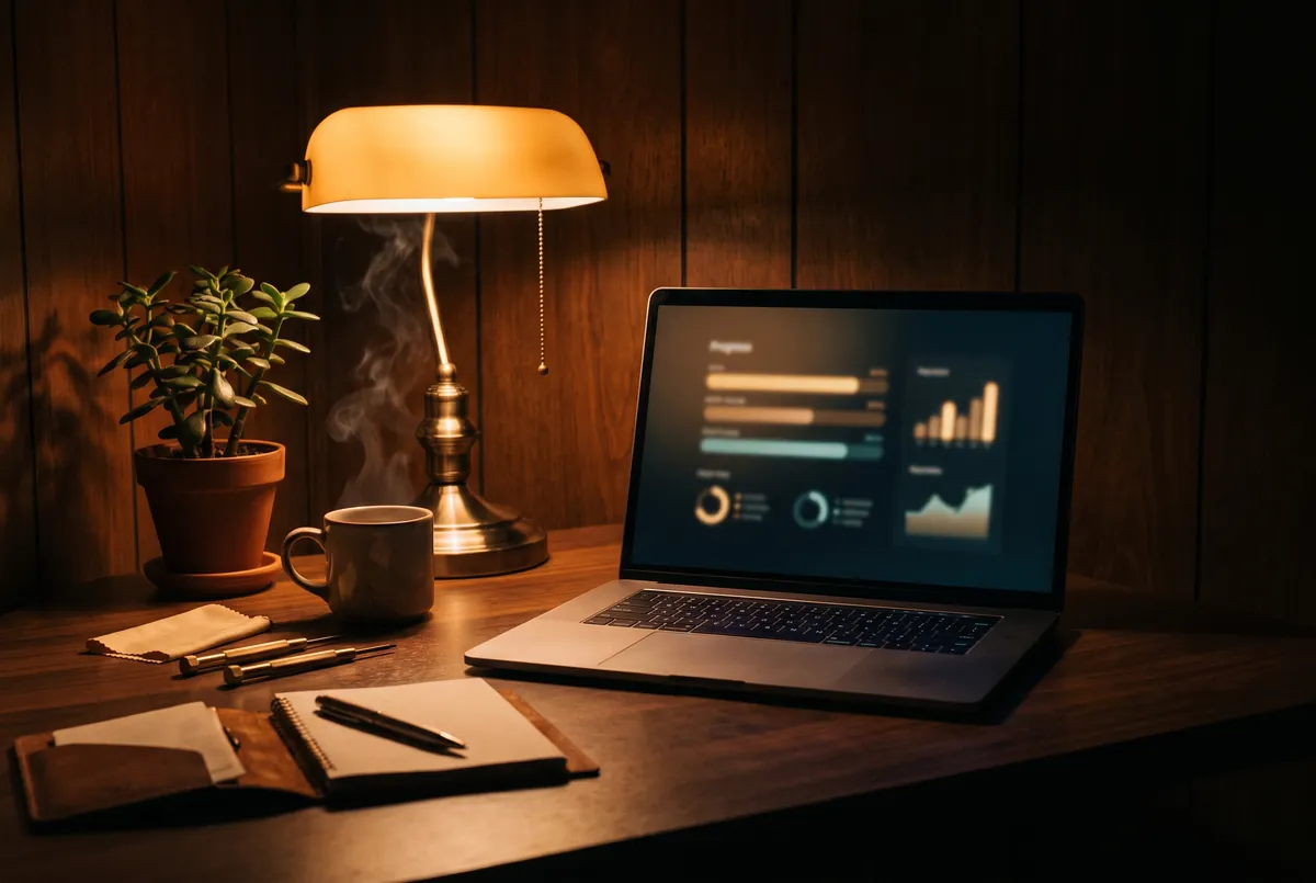 Laptop mit Wartungs-Dashboard im warmen Licht — laufende Website-Betreuung