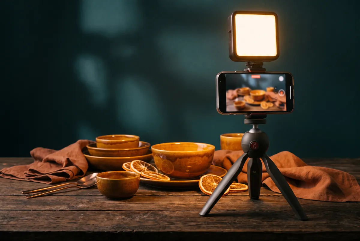 Smartphone auf Stativ mit LED-Licht filmt ein warmes Still-Life für Social Media